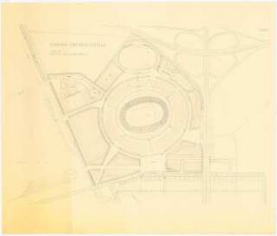 Stadion Oberwiesenfeld, München: Mappe »Wettbewerb Stadion München, Entwurf Professor Werner March«. Lageplan, Variante zum Außenverkehr, geostet, ca. 1:2270