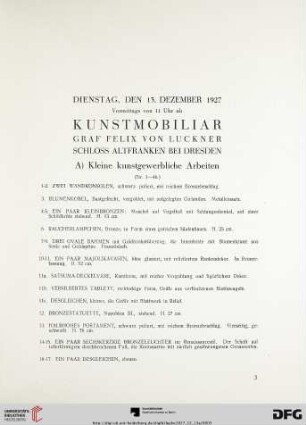 Kunstmobiliar Graf Felix von Luckner, Schloss Altfranken bei Dresden (Nr. 1-160)