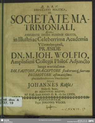 Disputatio politica, de societate matrimoniali