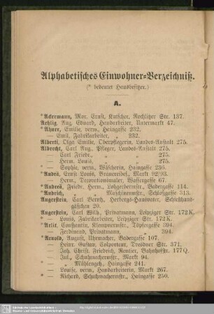 Einwohnerverzeichnis : Alphabetisches Einwohner-Verzeichniß