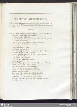 Liste des souscripteurs à la nouvelle édition des Recherches sur les Ossemens fossiles