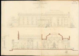 Ausstellungsgebäude Monatskonkurrenz November 1874: Aufriss Seitenansicht (Eingangsseite), Längsschnitt, vertikaler Fassadenschnitt; Maßstabsleiste