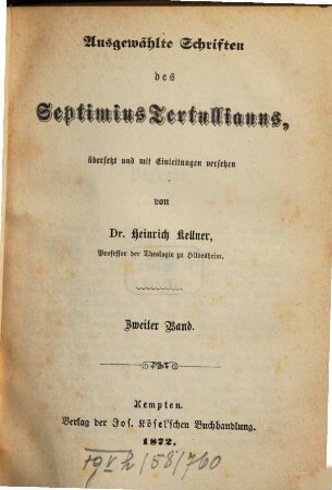 Bibliothek der Kirchenväter : eine Auswahl patristischer Werke in deutscher Übersetzung. 8