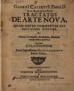 Tractatus de arte nova, quam nuper commentus est Bartholdus Nihusius