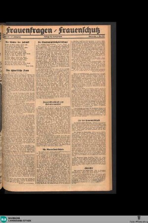 Der Volksfreund : Tageszeitung für das werktätige Volk Mittelbadens, Frauenfragen / Frauenschutz
