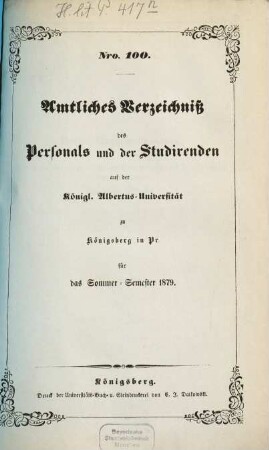 Amtliches Verzeichnis des Personals und der Studierenden der Albertus-Universität zu Königsberg i. Pr, 1879, SS = Nr. 100