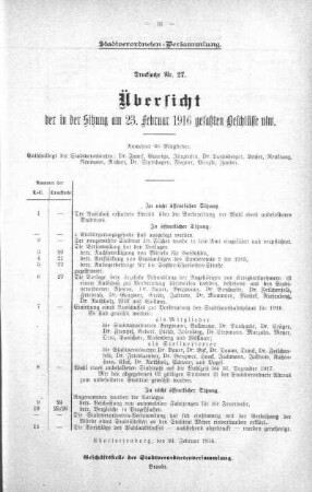 Übersicht der in der Sitzung gefaßten Beschlüsse u.s.w., 23. Februar 1916