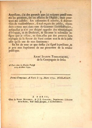 Declaration Du Pere Tournemine Jesuite, Sur Des Escrits supposés, qui paroissent dans le second Tome des Anecdotes sur la Constitution