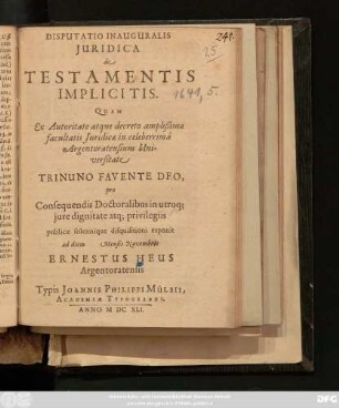 Disputatio Inauguralis Iuridica De Testamentis Implicitis