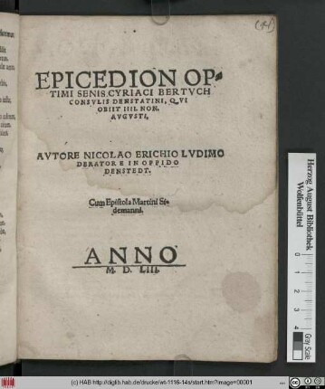Epicedion Optimi Senis. Cyriaci Bertvch Consvlis Denstatini, Qvi Obiit IIII. Non. Avgvsti