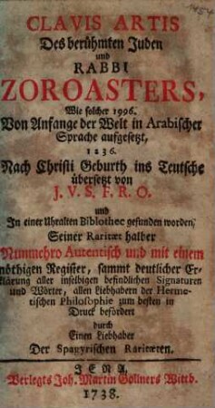 Clavis Artis Des berühmten Juden und Rabbi Zoroasters