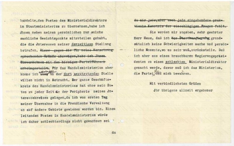 Von Regierungspräsident Scherer abgelehntes Angebot einer Versetzung als Ministerialdirektor nach Berlin - Korrespondenz