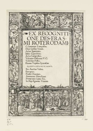 Ex recognitione Des. Erasmi Roterodami, Titelblatt aus: Gaius Suetonius Tranquillus, Ex recognitione Des. Erasmi Roterodami, Basel 1518