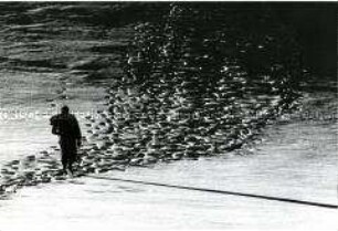 Rückenansicht eines Mannes mit Spuren im Schnee