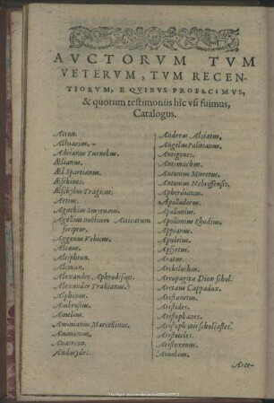 Auctorum Tum Veterum, Tum Recentiorum, E Quibus Profecimus, & quorum testimoniis hic usi fuimus, Catalogus