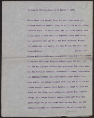 Vortrag im Völkermuseum am 9. Dezember 1907 (Manuskript)