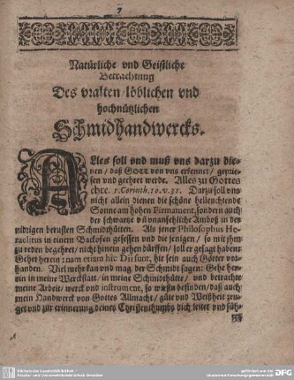 Natürliche und Geistliche Betrachtung Desz Uralten/löblichen und hochnützlichen Schmidhandercks.