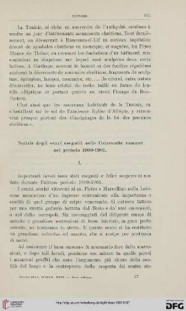 Notizie degli scavi eseguiti nelle Catacombe romane nel periodo 1900-1901