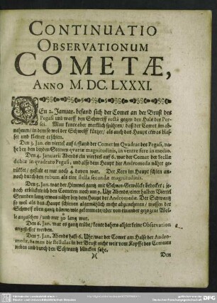 Continuatio Observationum Cometae, Anno M.DC.LXXXI.