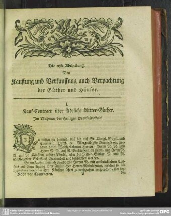 Die erste Abtheilung. Von Kauffung und Verkauffung auch Verpachtung der Güther und Häuser