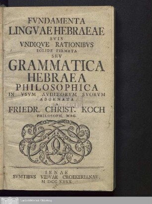 Fvndamenta Lingvae Hebraeae Svis Vndiqve Rationibvs Solide Firmata Sev Grammatica Hebraea Philosophica : In Vsvm Avditorvm Svorvm Adornata