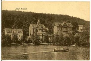 Bad Elster. Luisasee mit Villa grünr Aue, Villa Abbazia, Schloss Miramar