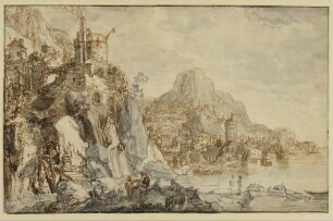 Ideale Flusslandschaft mit Ortschaft, Ruine und Wasserfall