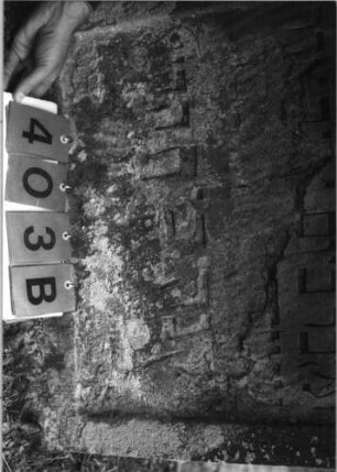 Grabstein 403 (Index: 99789391) Maße HxBxT: 127x77x9 cm Besonderheit: kulturhistorisch wertvoll / hist.-wiss. Gründe (Gemeindestellung): Grabstein 403B