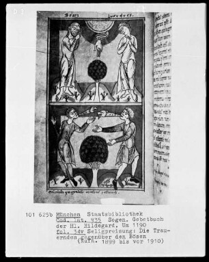 Sogenanntes Gebetbuch der heiligen Hildegard — Seligpreisung, die Trauernden gegenüber den Bösen, Folio 34verso