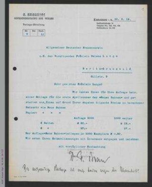Brief G. Braun Hofbuchhandlung an Helene Lange