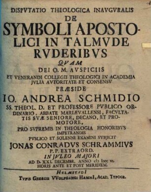 Dispvtatio Theologica Inavgvralis De Symboli Apostolici In Talmvde Rvderibvs
