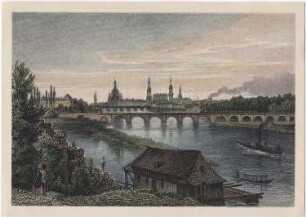 Dresden. Stadtansicht vom rechten Elbufer mit Mühle im Vordergrund, um 1850