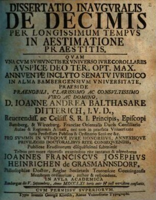 Dissertatio Inavgvralis De Decimis Per Longissimum Tempvs In Aestimatione Praestitis