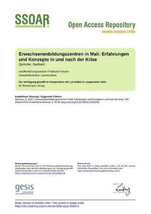 Erwachsenenbildungszentren in Mali: Erfahrungen und Konzepte in und nach der Krise