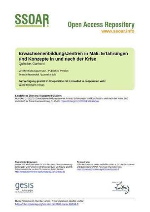 Erwachsenenbildungszentren in Mali: Erfahrungen und Konzepte in und nach der Krise