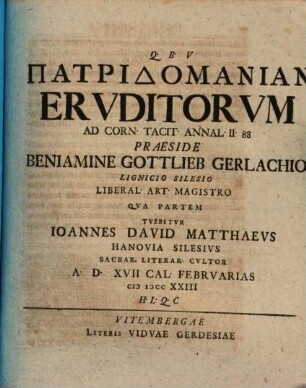 Patridomanian Ervditorvm Ad Corn. Tacit. Annal. II. 88