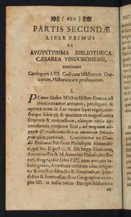 680-702, Partis Secundae Liber Primus de Augustissima Bibliotheca Caesarea Vindobonensi
