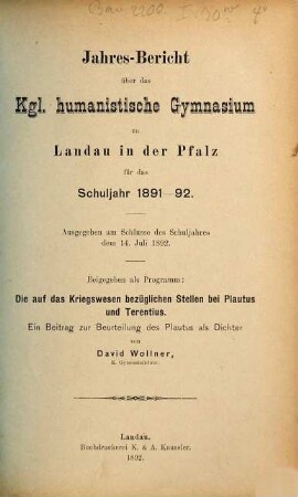 Jahres-Bericht des Humanistischen Gymnasiums zu Landau in der Pfalz : für das Schuljahr ... 1891/92