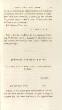 Quarante-neuvième lettre. Sur le sacre du R. P. Canoz, vicaire apostolique du Maduré