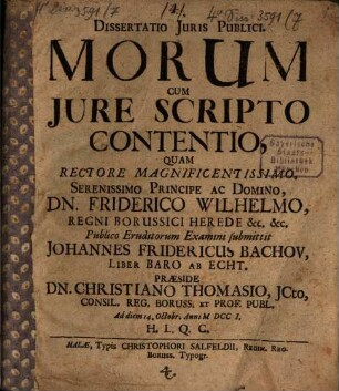 Dissertatio Juris Publici. Morum Cum Jure Scripto Contentio