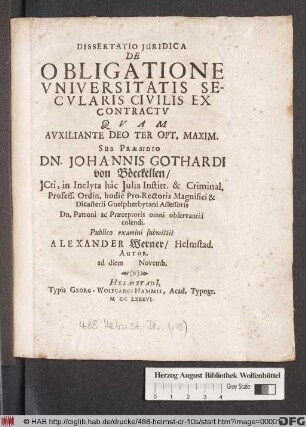 Dissertatio Iuridica De Obligatione Universitatis Secularis Civilis Ex Contractu