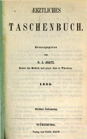 Aerztliches Taschenbuch. 3. 1855