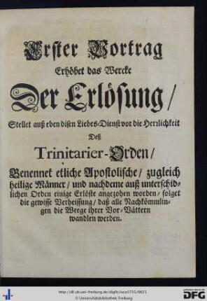 Erster Vortrag erhöbet das Wercke der Erlösung.