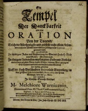 Ein Tempel der Danckbarkeit oder eine Oration von der Tugend ...