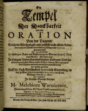 Ein Tempel der Danckbarkeit oder eine Oration von der Tugend ...