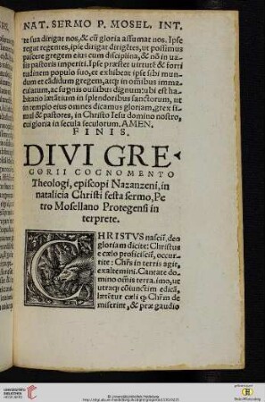 Divi Gregorii cognomento Theologi, episcopi Nazanzeni, in natalicia Christi festa sermo, Petro Mosellano Protegensi interprete