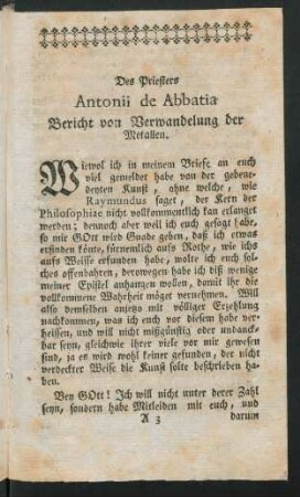 Des Priesters Antonii de Abbatia Bericht von Verwandelung der Metallen