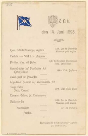 Menükarte : RS: Zur Canalfeier Hamburg, Restaurant ZoologischerGarten (H. Günther)