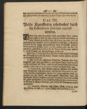 Cap. III. Welche Kranckheiten insonderheit durch die Essentiam dulcem curiret werden.