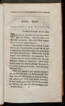 Erster Brief. Lovelace an Belford. - Sechster Brief. Lovelace an Belford.